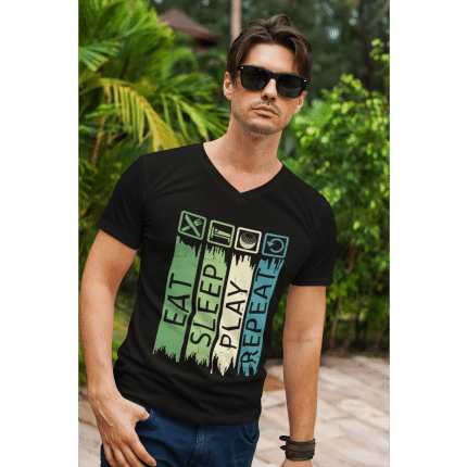 Eat Sleep Play Repeat Unisex Short Sleeve V-Neck T-Shirt - Bella + Canvas